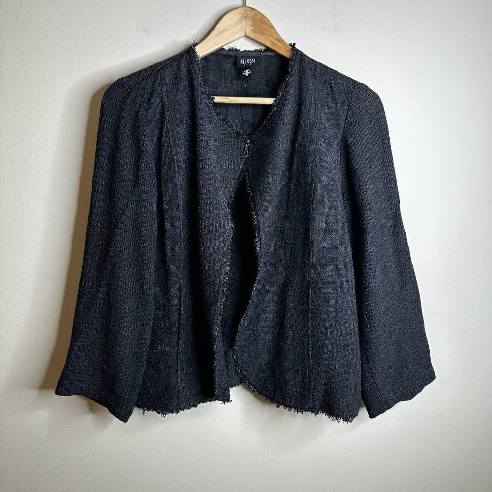 Eileen Fisher Jacket Women Sz 2 Petite Dark Gray Blazer Linen Blend Career Knit‎